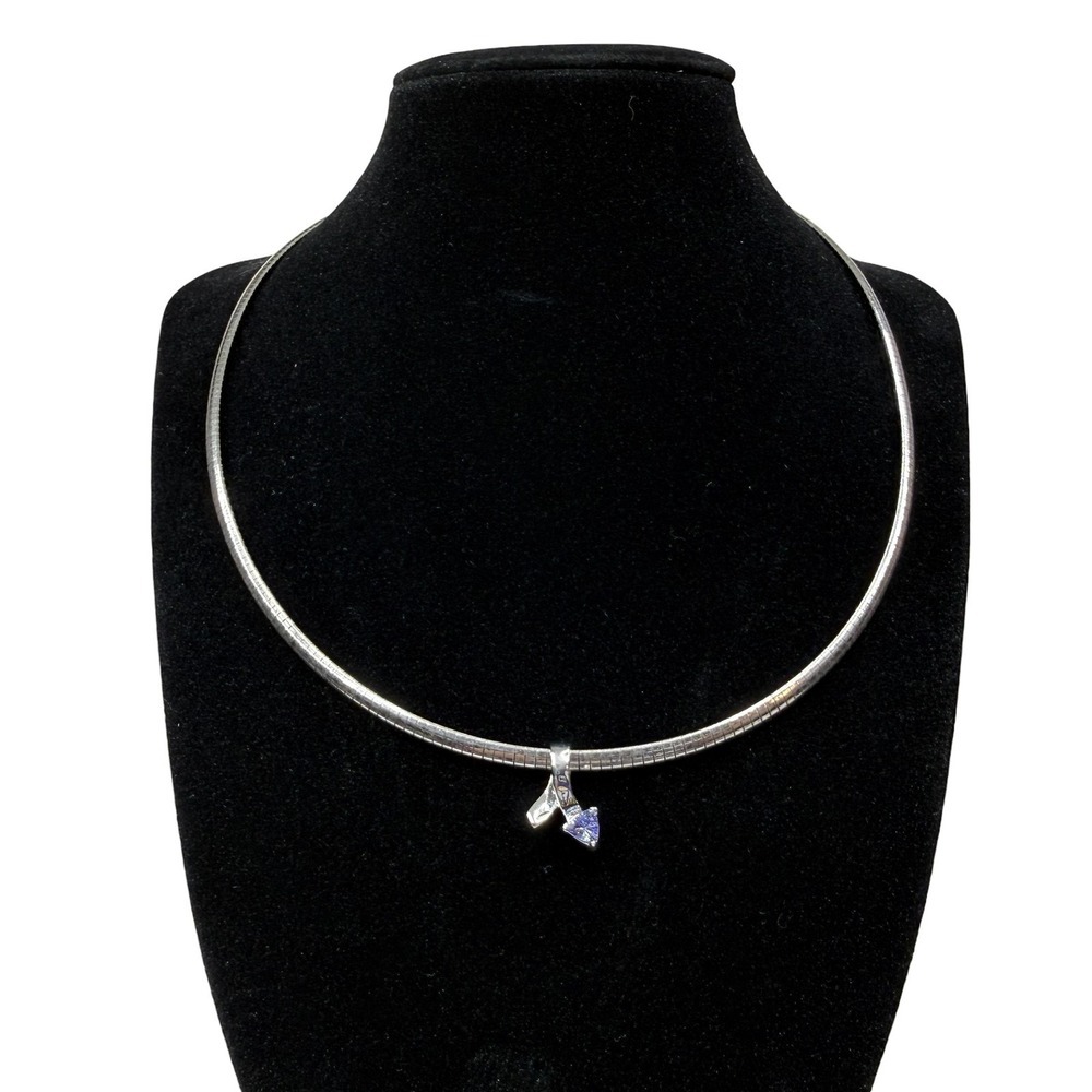 Silver Tone Omega Chain Necklace Purple Heart Pendant Glass Clear Stone Fashion